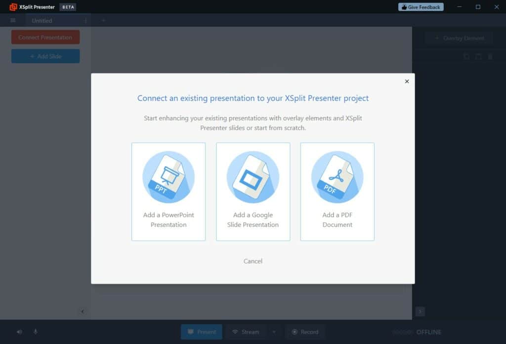 XSplit Presenter showing you the options avaliable of what you can import.