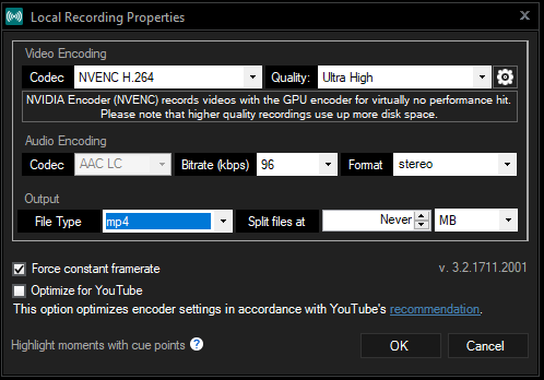 XSplit Broadcaster local recording properties