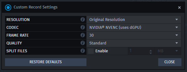 Gamecaster custom record settings 