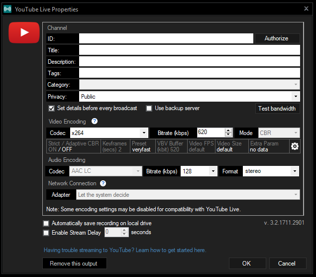 XSplit Broadcaster YouTube Live Properties