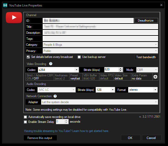 YouTube Live Properties Change Settings